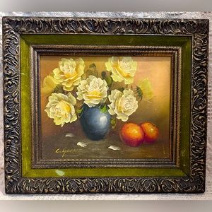 Original Oil Painting on Canvas “Roses In A Vase” Black & Gold Frame Signed